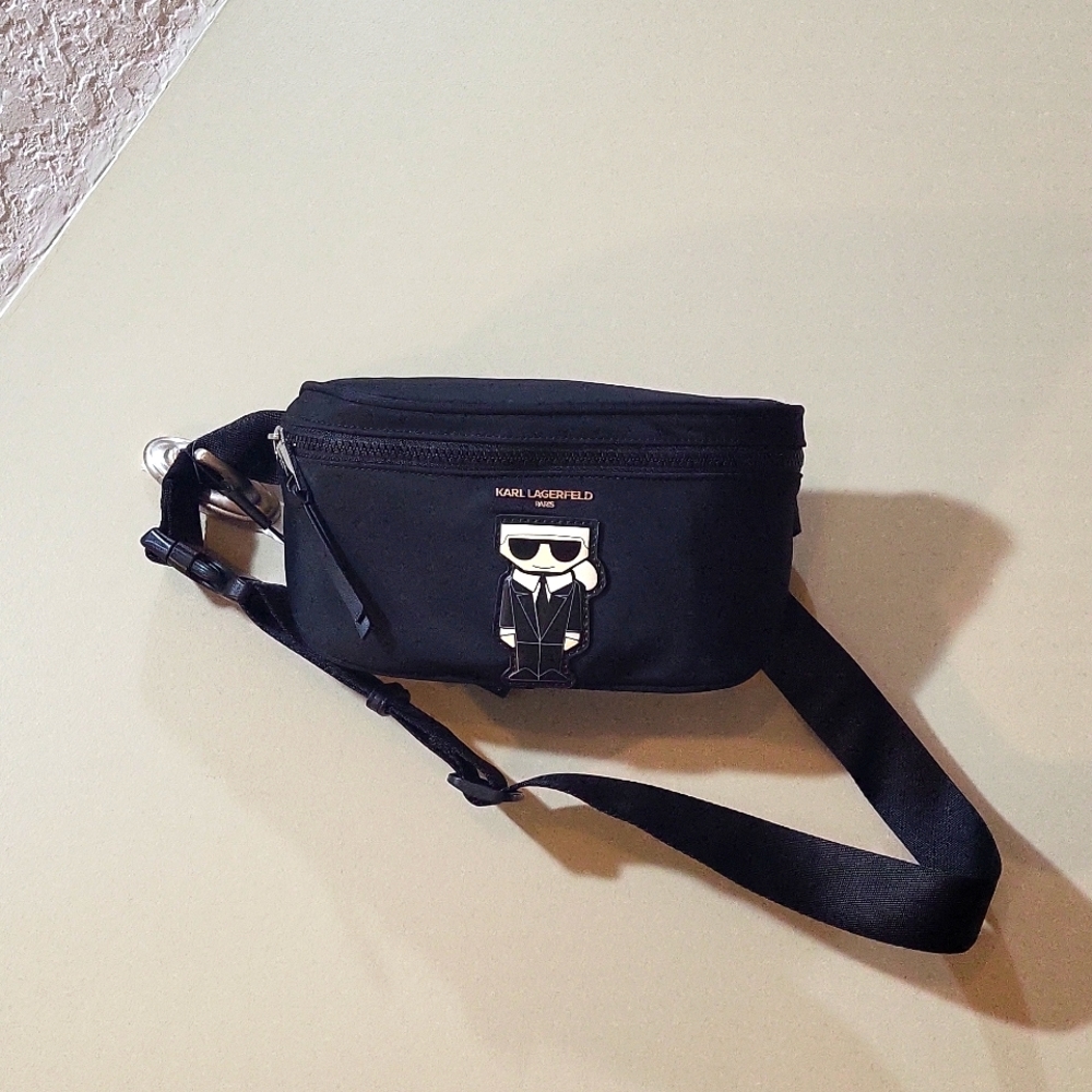 Karl Lagerfeld Paris Amour Voyage Logo Belt bag in black with KL image NWT